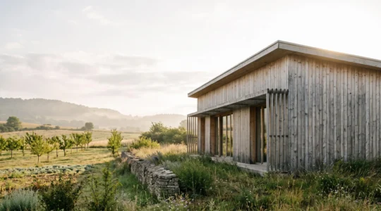 Maison individuelle contemporaine à ossature bois bioclimatique dans la campagne française, illustrant un habitat durable à budget maîtrisé