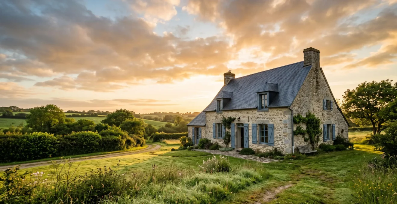Maison traditionnelle française avec toiture à deux versants en ardoise sous une lumière dorée, symbole de valeur patrimoniale