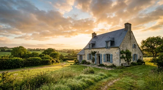 Maison traditionnelle française avec toiture à deux versants en ardoise sous une lumière dorée, symbole de valeur patrimoniale