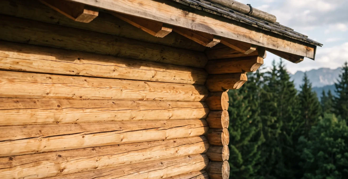 Facade en bois rond d'une maison en fuste nichee dans un paysage montagnard francais, symbole de l'etancheite des murs empiles apres tassement