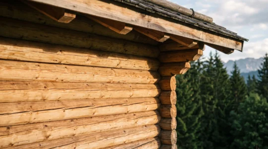 Facade en bois rond d'une maison en fuste nichee dans un paysage montagnard francais, symbole de l'etancheite des murs empiles apres tassement