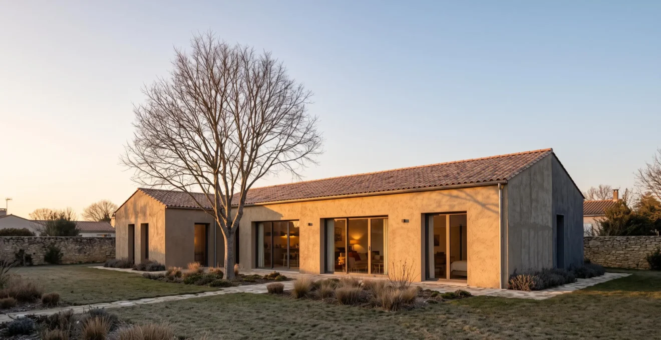 Maison individuelle française avec grandes baies vitrées orientées plein sud, baignée de lumière au lever du soleil, illustrant l'orientation bioclimatique pour économiser sur le chauffage