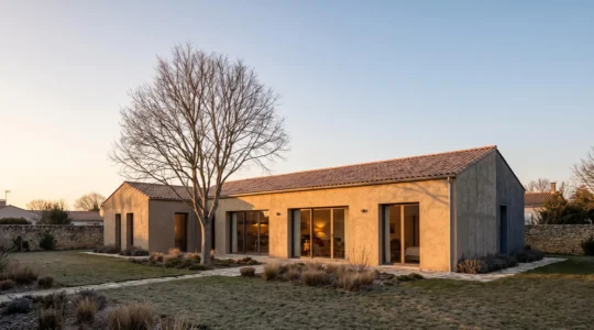 Maison individuelle française avec grandes baies vitrées orientées plein sud, baignée de lumière au lever du soleil, illustrant l'orientation bioclimatique pour économiser sur le chauffage