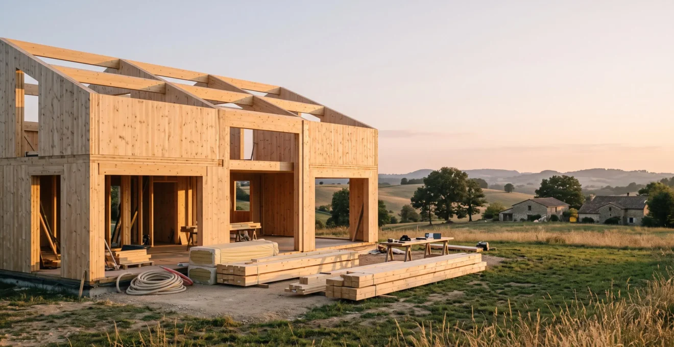 Maison en ossature bois moderne en cours de construction dans la campagne francaise, symbolisant la planification budgetaire complete