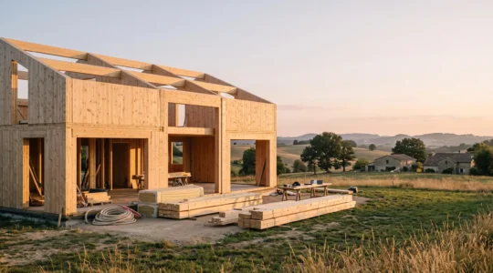 Maison en ossature bois moderne en cours de construction dans la campagne francaise, symbolisant la planification budgetaire complete