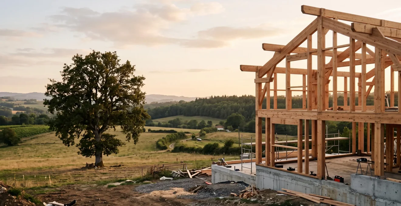 Maison a ossature bois en cours de construction dans un paysage rural francais, symbolisant la compensation carbone par le choix des materiaux