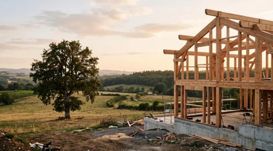 Maison a ossature bois en cours de construction dans un paysage rural francais, symbolisant la compensation carbone par le choix des materiaux
