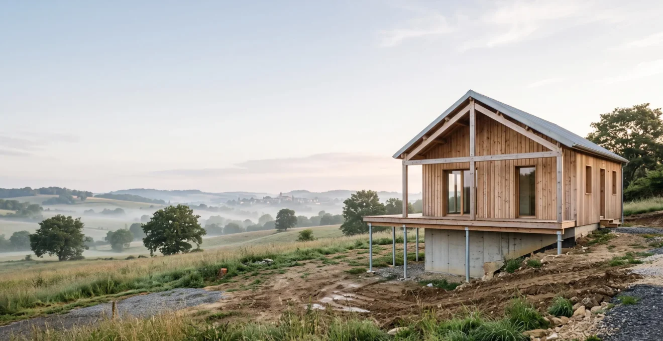 Maison à ossature bois en cours de construction sur ses fondations, illustrant l'adaptation aux différents sols de France