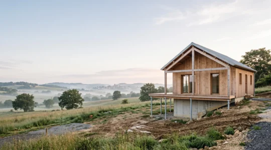 Maison à ossature bois en cours de construction sur ses fondations, illustrant l'adaptation aux différents sols de France