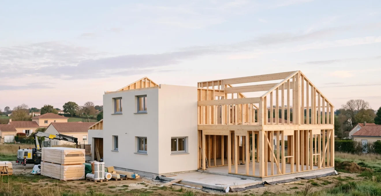Charpentiers assemblant une structure en ossature bois légère sur le chantier d'une maison modulable en France