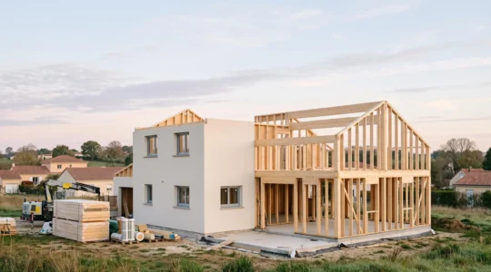 Charpentiers assemblant une structure en ossature bois légère sur le chantier d'une maison modulable en France
