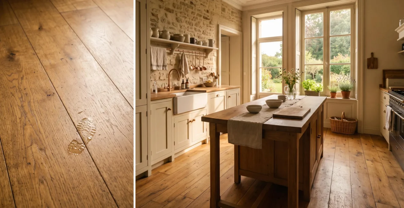 Cuisine familiale française avec parquet massif en chêne huilé résistant aux éclaboussures du quotidien