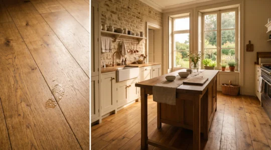 Cuisine familiale française avec parquet massif en chêne huilé résistant aux éclaboussures du quotidien