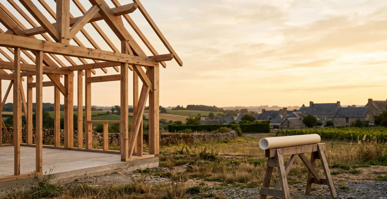 Chantier de construction d'une maison a ossature bois en France au coucher du soleil, symbolisant l'obtention reussie d'un permis de construire