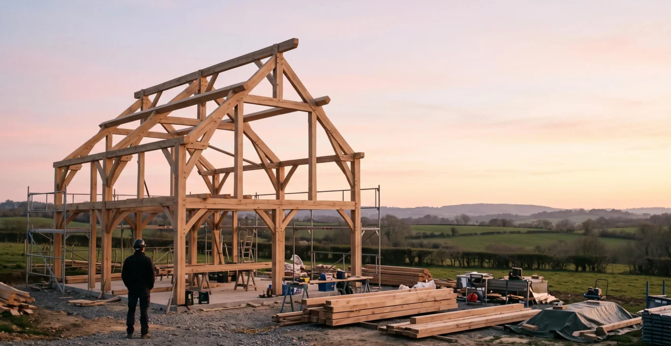 Vue d'ensemble d'un chantier de maison à ossature bois en France, supervisé pour maîtriser le budget de construction