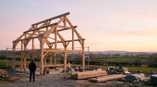 Vue d'ensemble d'un chantier de maison à ossature bois en France, supervisé pour maîtriser le budget de construction