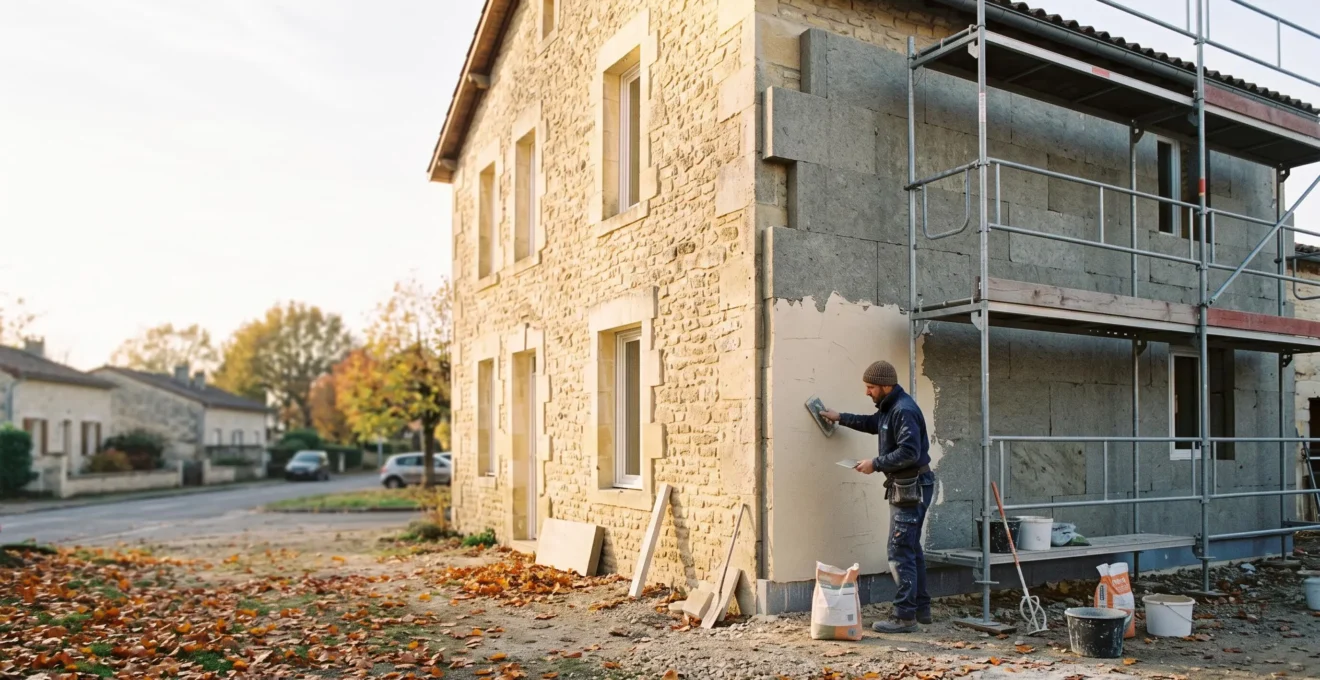 Maison individuelle française en travaux de rénovation énergétique avec isolation extérieure en cours de pose, lumière du matin
