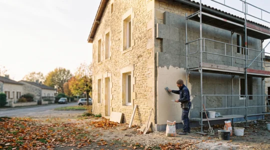 Maison individuelle française en travaux de rénovation énergétique avec isolation extérieure en cours de pose, lumière du matin