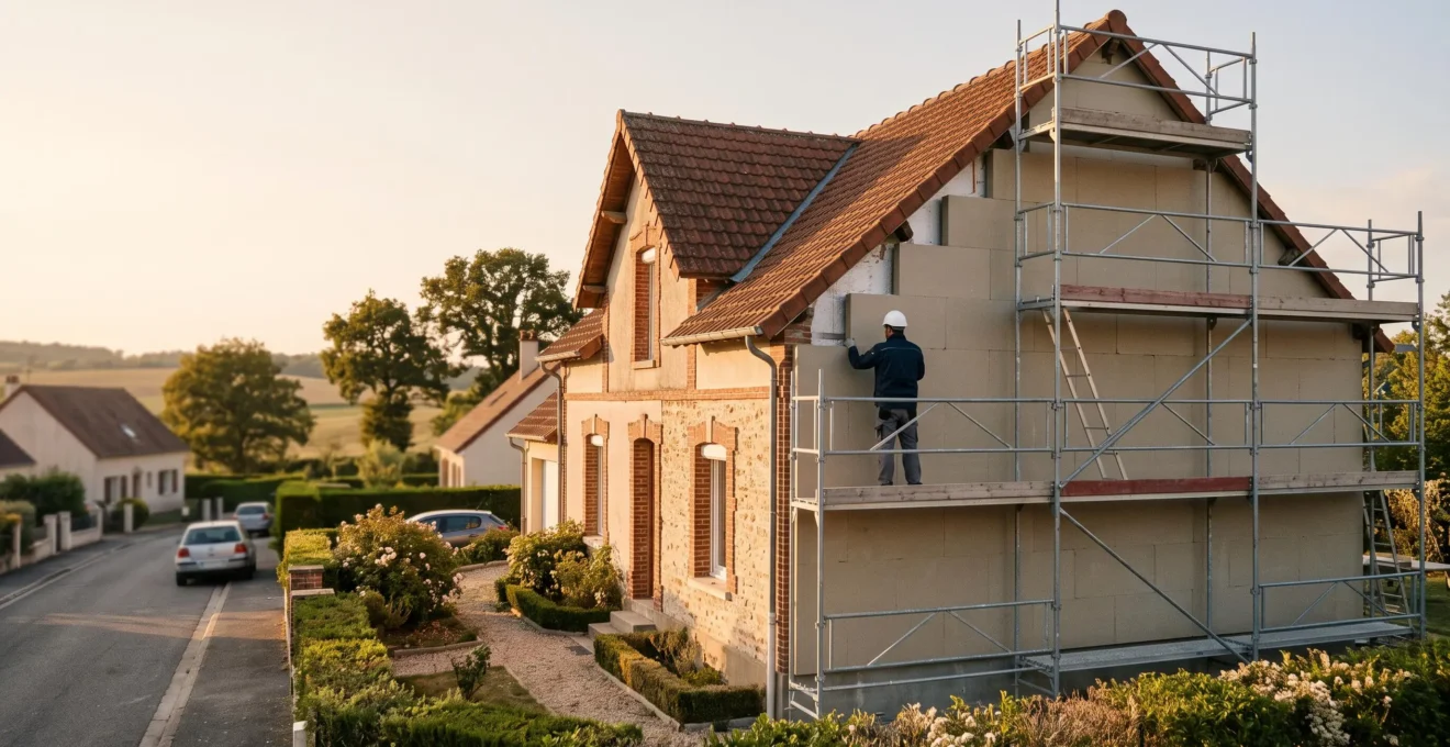 Maison individuelle française en cours de rénovation énergétique globale, avec échafaudage et isolation visibles, illustrant une planification cohérente des travaux