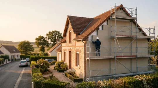 Maison individuelle française en cours de rénovation énergétique globale, avec échafaudage et isolation visibles, illustrant une planification cohérente des travaux