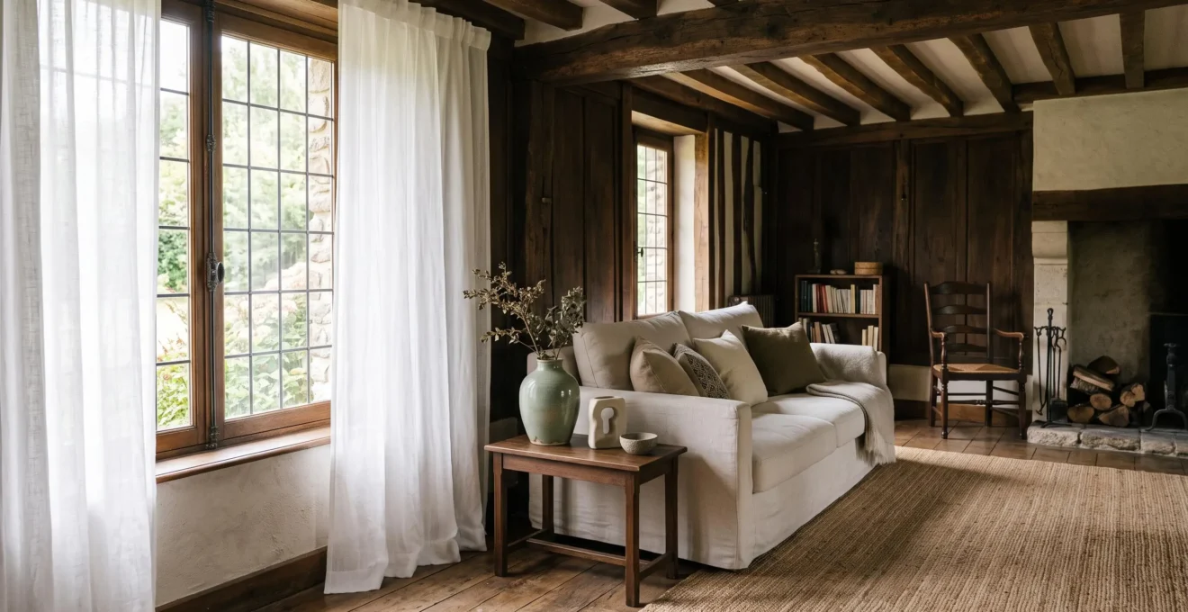 Salon d'une maison à ossature bois sombre en France, baigné de lumière naturelle avec touches de blanc casse et vert sauge