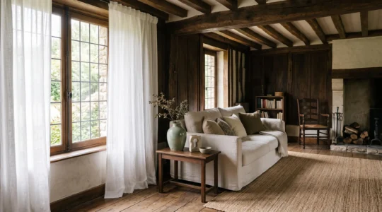 Salon d'une maison à ossature bois sombre en France, baigné de lumière naturelle avec touches de blanc casse et vert sauge