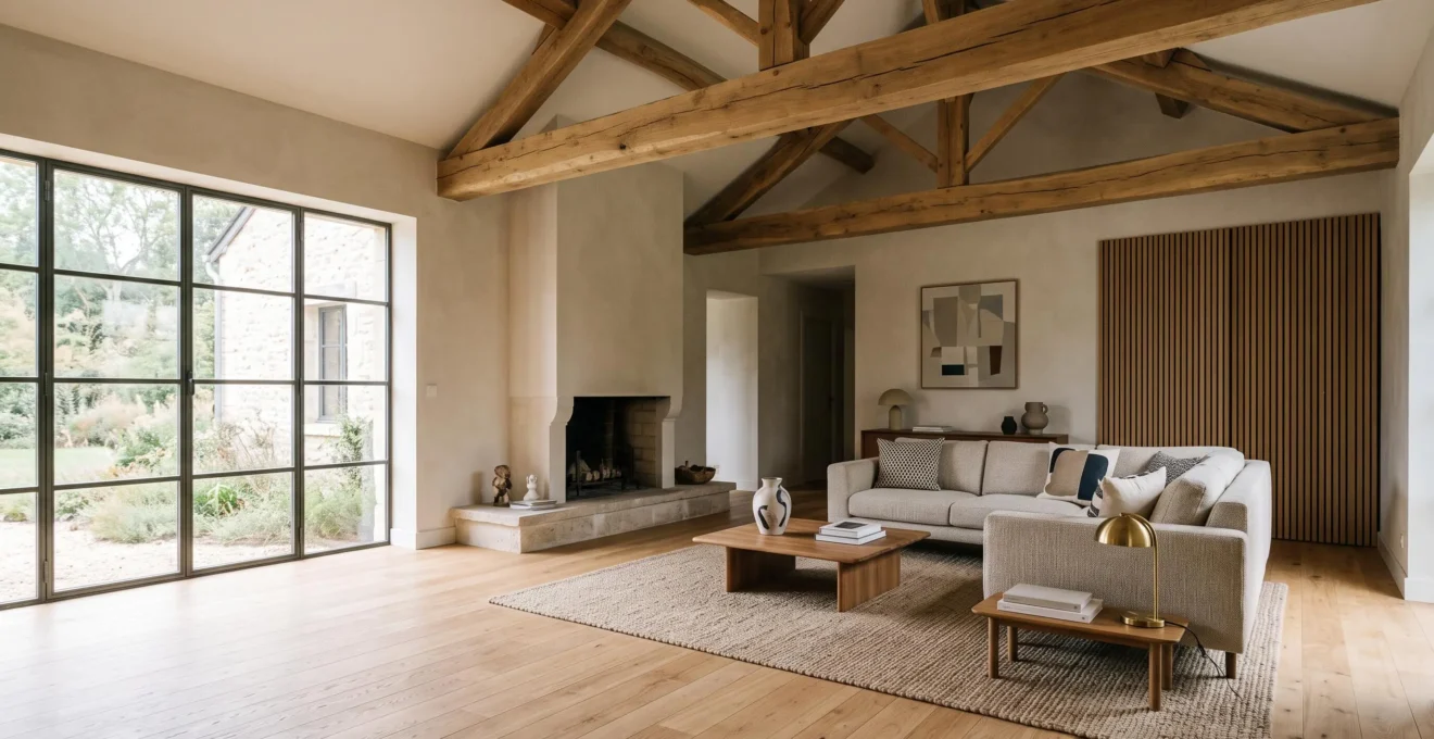Séjour lumineux de 40 m² avec plafond en bois apparent et sol dur, illustrant la problématique de l'écho dans une maison française