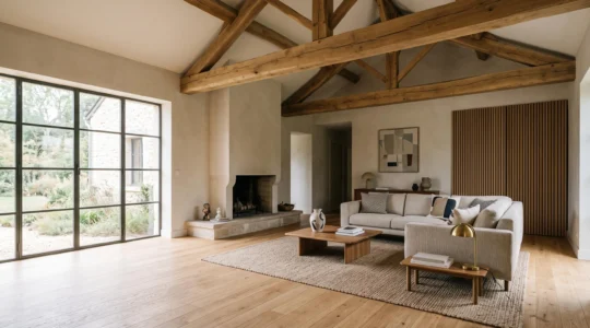 Séjour lumineux de 40 m² avec plafond en bois apparent et sol dur, illustrant la problématique de l'écho dans une maison française
