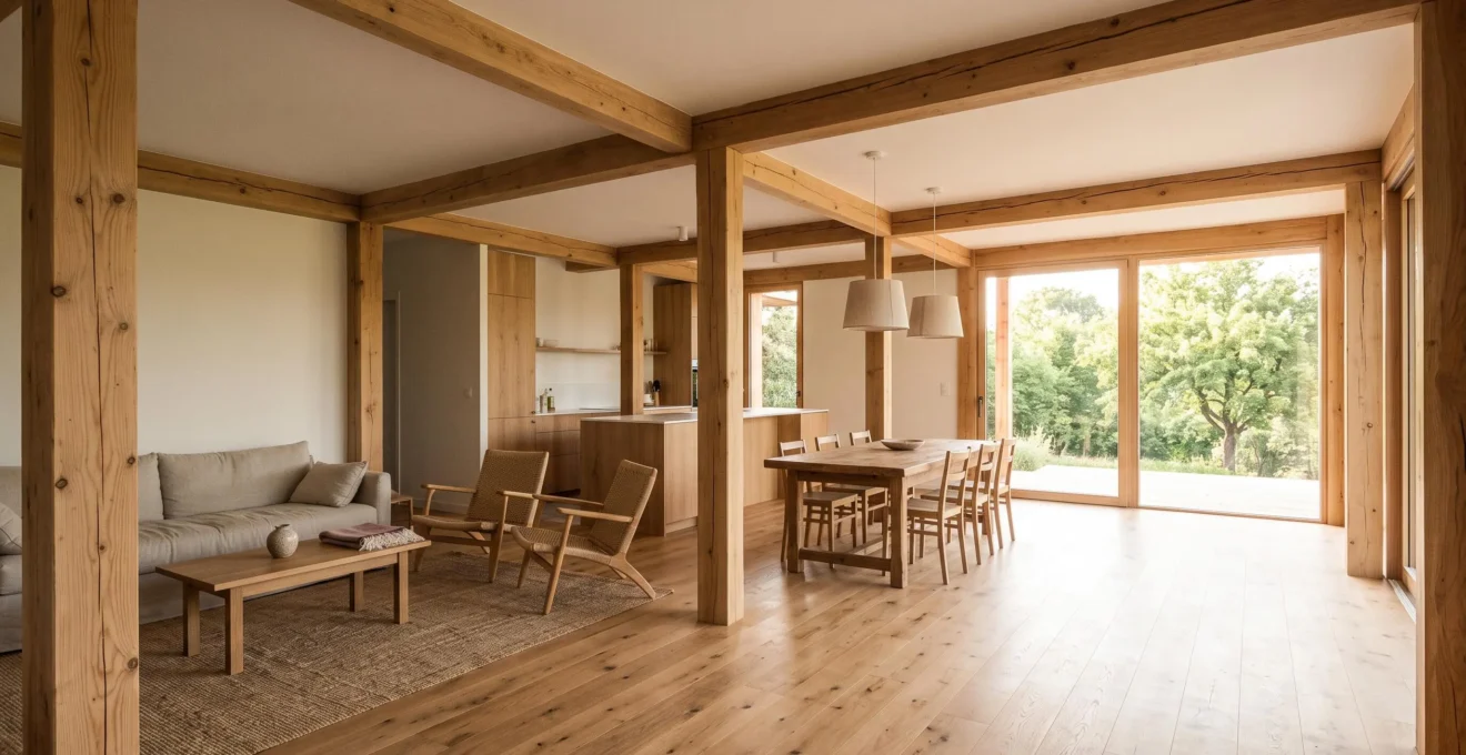 Séjour lumineux et spacieux de 50 m2 ouvert grâce à une structure poteaux-poutres apparente, sans cloison porteuse