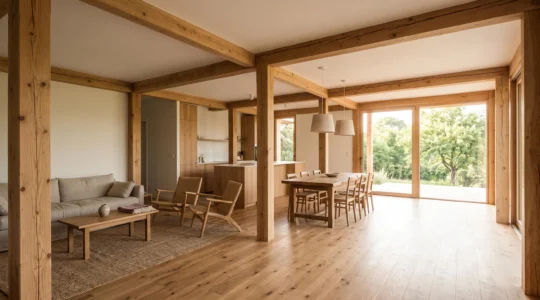 Séjour lumineux et spacieux de 50 m2 ouvert grâce à une structure poteaux-poutres apparente, sans cloison porteuse