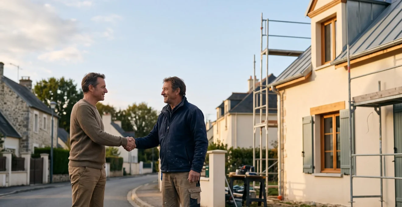 Maître d'ouvrage et artisan se serrant la main devant une maison française en travaux, symbolisant la confiance vérifiée avant le versement d'un acompte