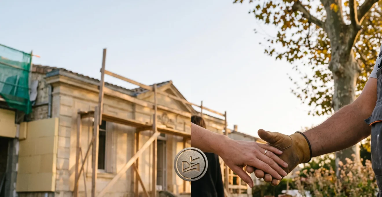 Artisan et particulier examinant un objet symbolisant une certification professionnelle avant le début de travaux d'isolation sur une maison française