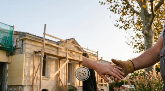 Artisan et particulier examinant un objet symbolisant une certification professionnelle avant le début de travaux d'isolation sur une maison française