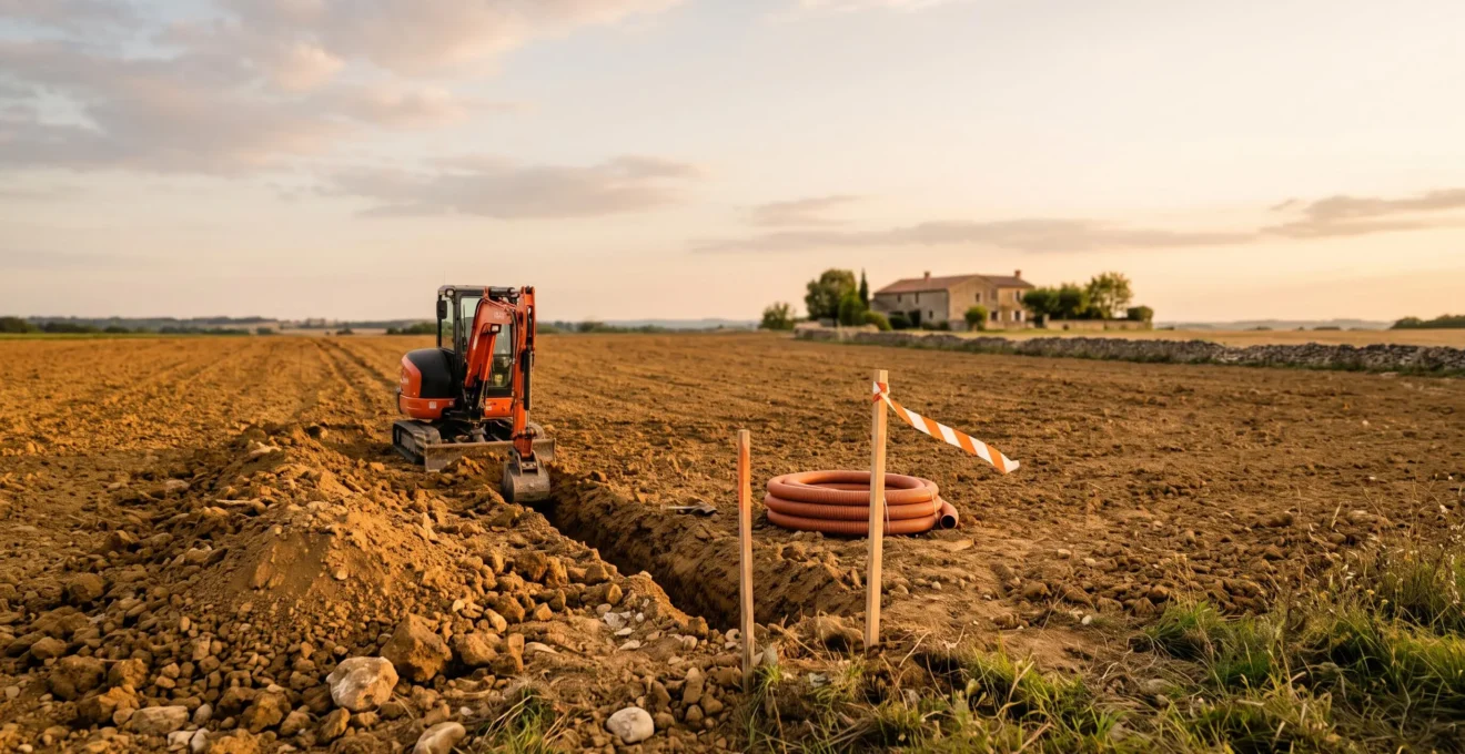 Terrain rural francais en cours de viabilisation avec tranchee de raccordement et engin de chantier au coucher du soleil