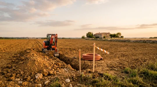 Terrain rural francais en cours de viabilisation avec tranchee de raccordement et engin de chantier au coucher du soleil